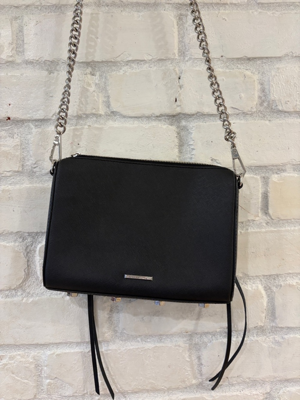 Rebecca Minkoff Avery Saffiano Black Leather Crossbody with Silver Chain